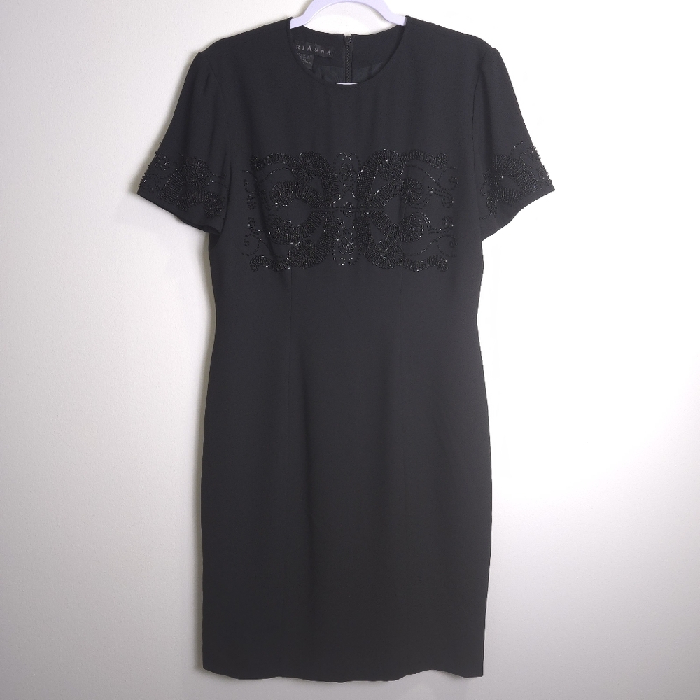VTG MARIANNA Classy Beaded Sheath Short Sleeve Effortless‎ Chic Black Dress 8